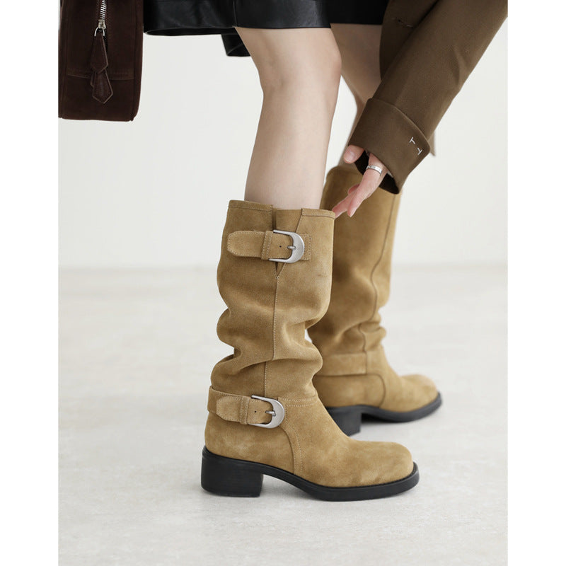 Women's Pile Style Straight Retro Western Cowboy Color Matching Boots