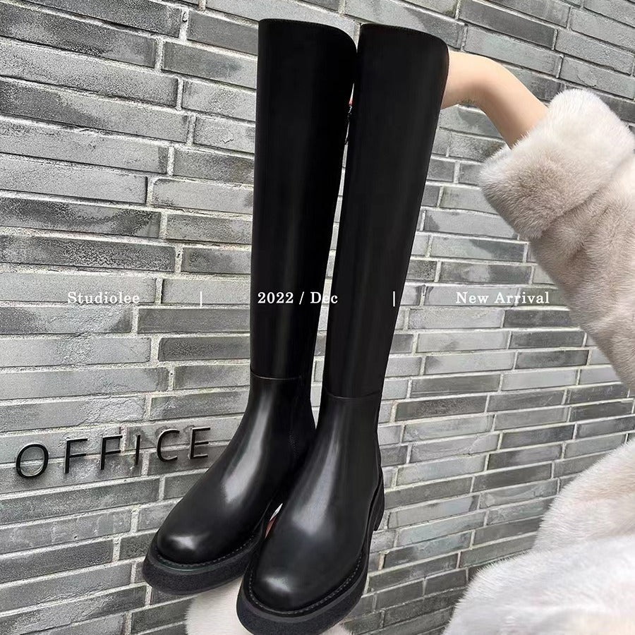 Women's Cowhide Winter Thick Bottom Small Elastic Knight Women's Leather Boots