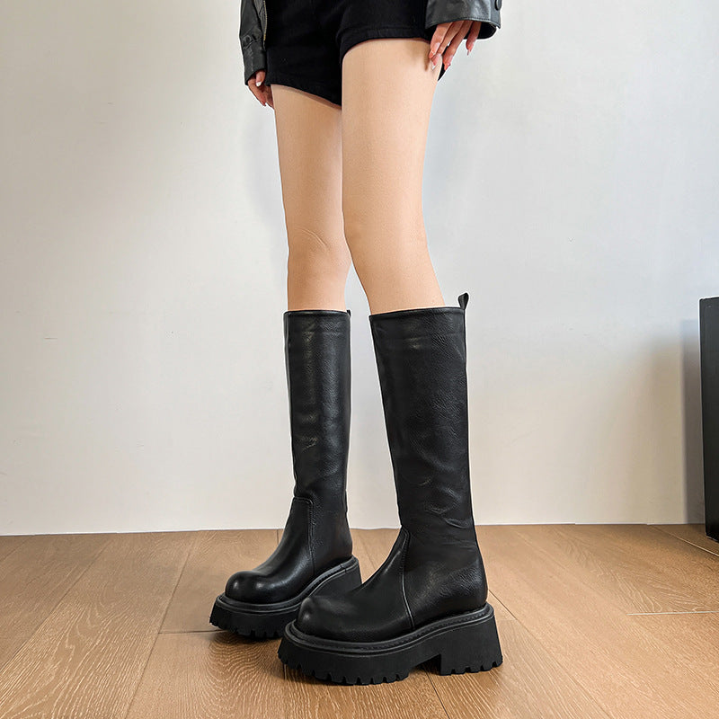 Style Niche Round Head Thick Bottom Female Small Chunky High Women's Leather Boots