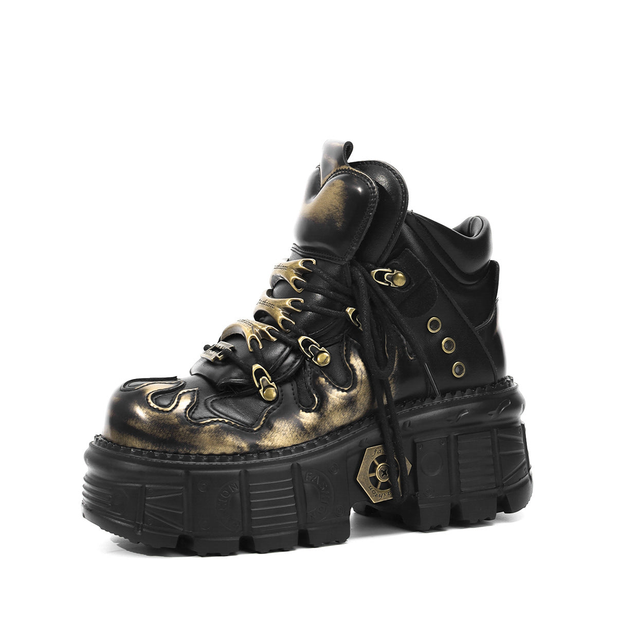 Women's & Men's Dark Platform Thick Bottom Punk Metal Heightened Single Layer Motorcycle Women's Leather Boots