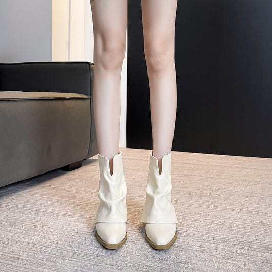 Women's Black Retro Chunky French Pointed British Style Pile Pants Pipe Women's Leather Boots
