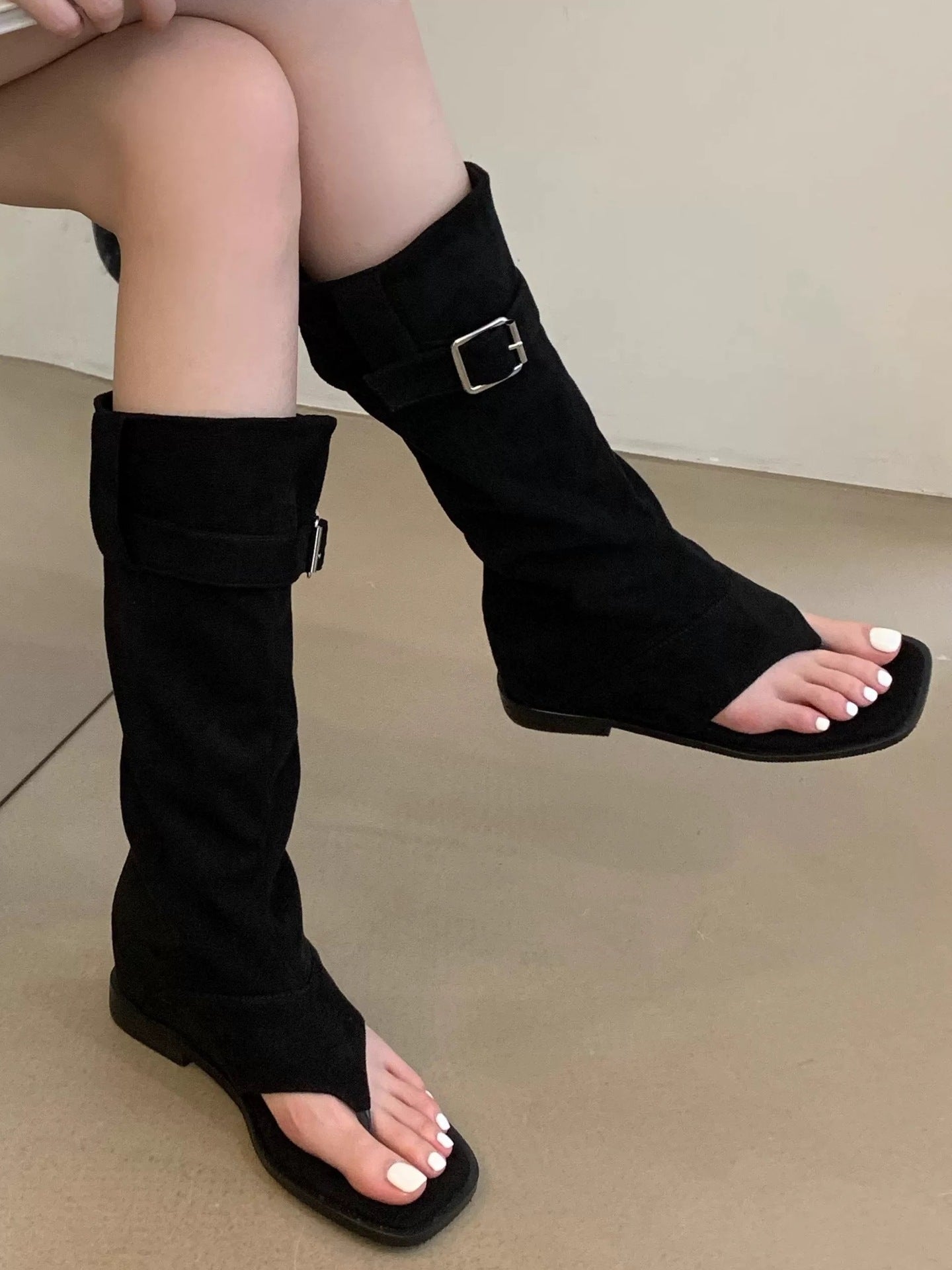 Style Open Toe Herringbone Height Increasing Insole Western Slimming Length Boots
