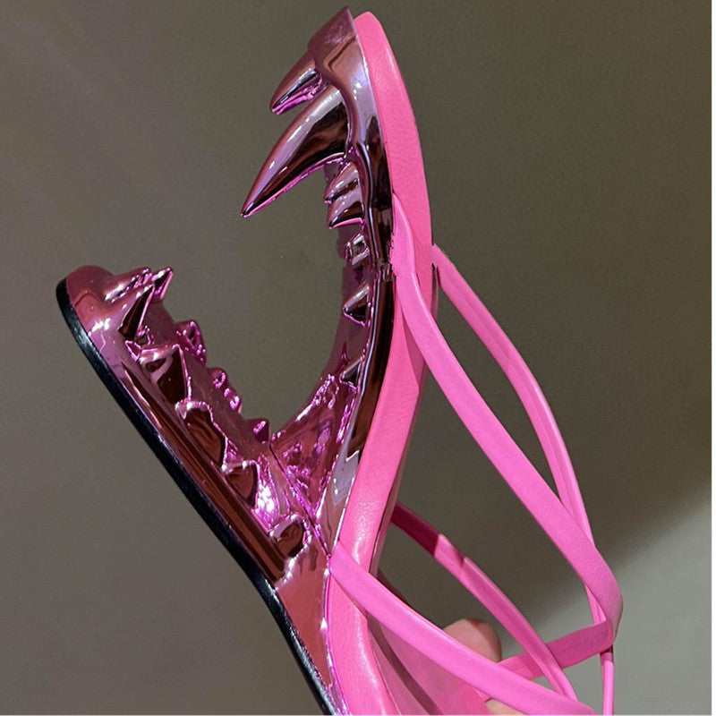 Metal Giant Tooth Tiger Abnormal Shape Open Toe Heels