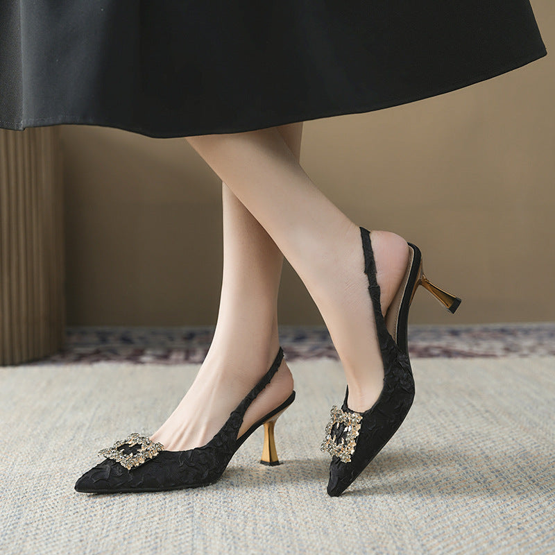 Women's Style Satin Pleated Square Buckle Pointed Toe Sandals