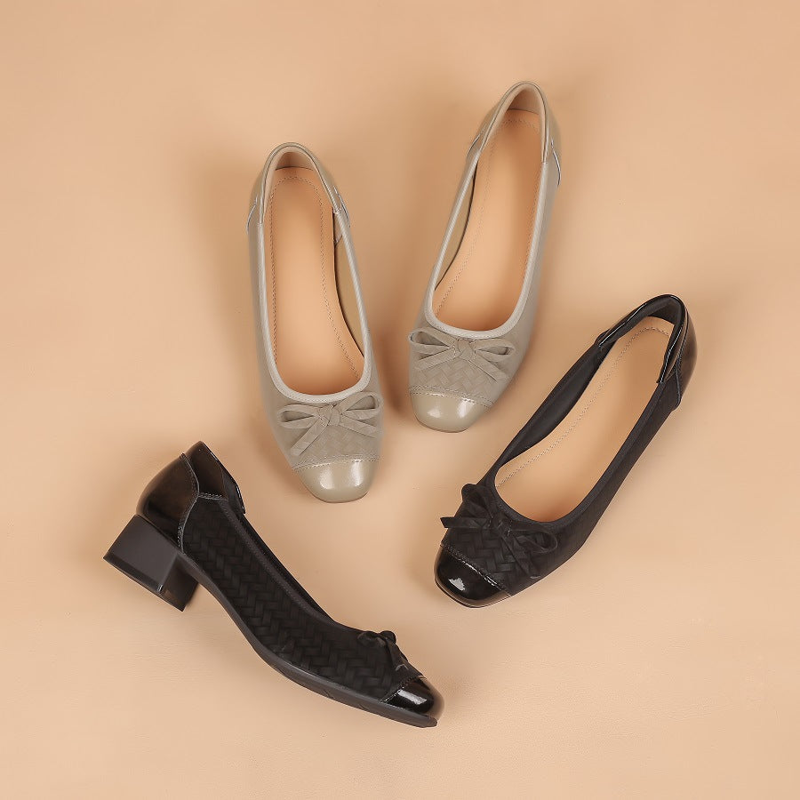 Women's Classic Style Low Elegant Square Toe Bow Shallow Mouth Mary Women's Fashion Shoes
