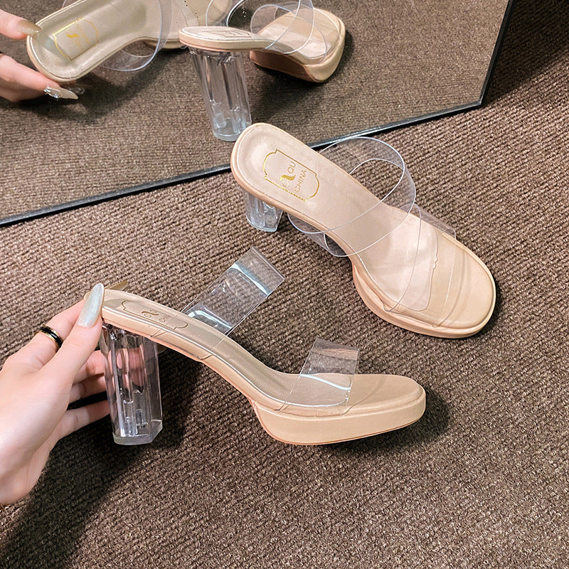 Women's One-word Transparent Belt Plus Size Square Slippers