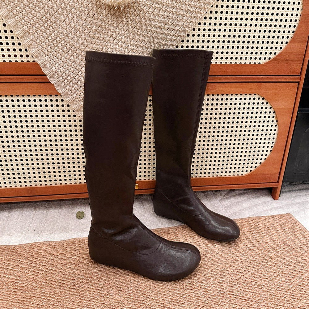 Round Toe Invisible Elevated Flat High Thin Solid Color Pile Boots