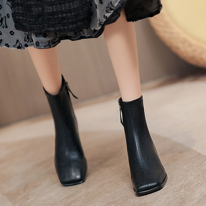 Women's Korean Style Retro Square Toe Thin Booties Chunky Side Zip Women's Leather Boots