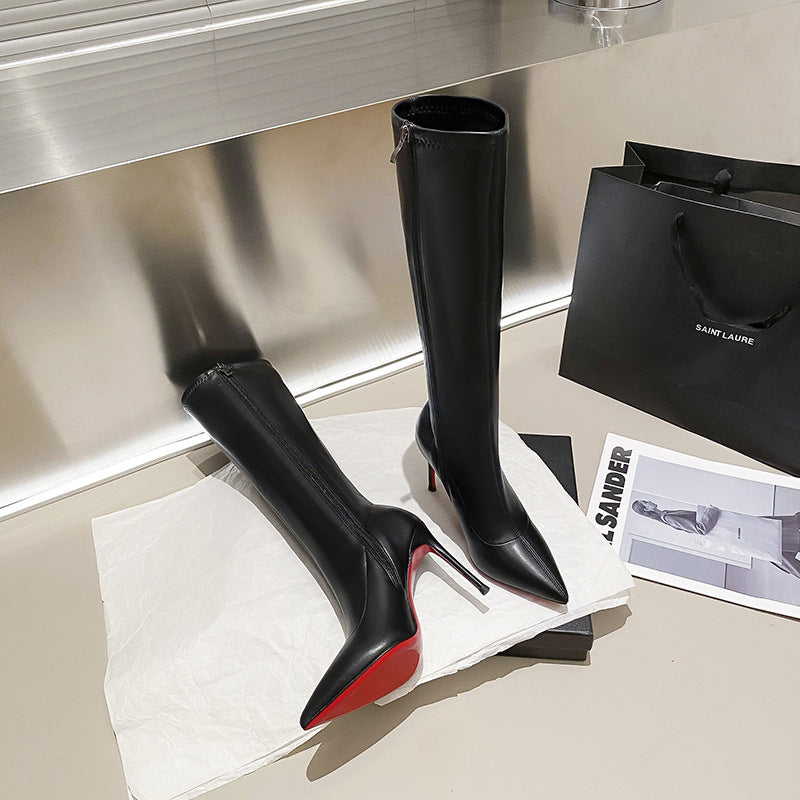 The Knee High-heel Zipper Black Long Toe Boots