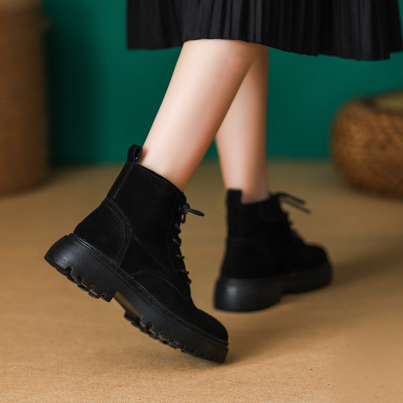 Women's Frosted Genuine British Style Mid Martin Flat Women's Leather Boots