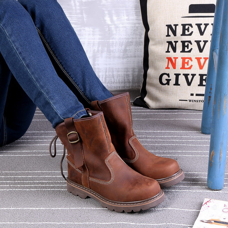 Women's & Men's Short Martin Trendy Knight Cowhide Mongolian Riding Outdoor British Women's Leather Boots