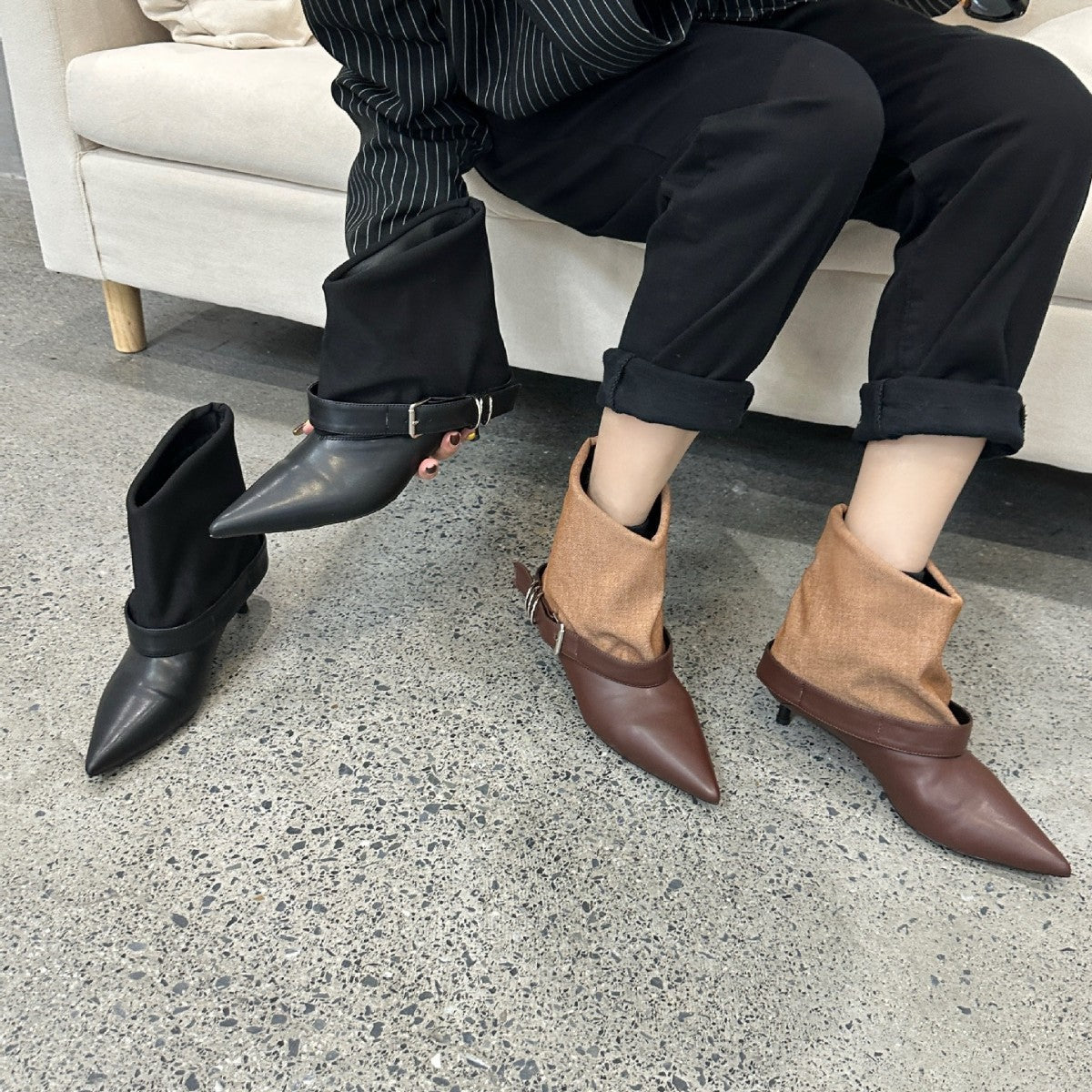 Women's Pointed Toe Belt Buckle Booties Black Thin Martin Heels