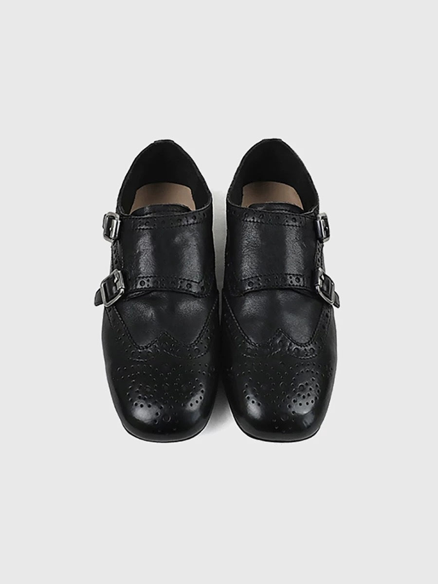 Women's Hair Vintage Brogue Carved Belt Buckle Square Toe British Loafers