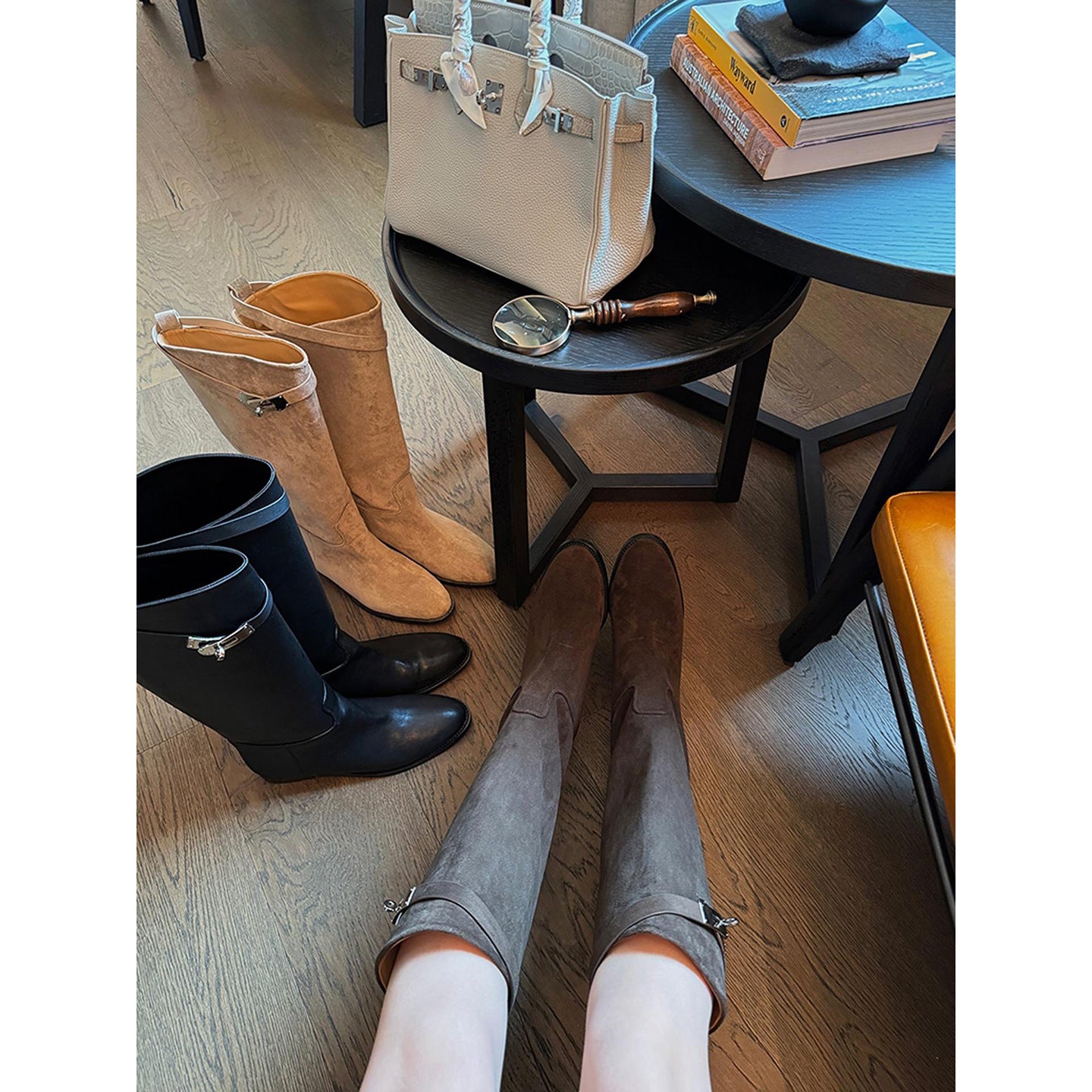 Women's Common Style Tall Knight Suede Surface Lock Round Head Chunky Women's Leather Boots
