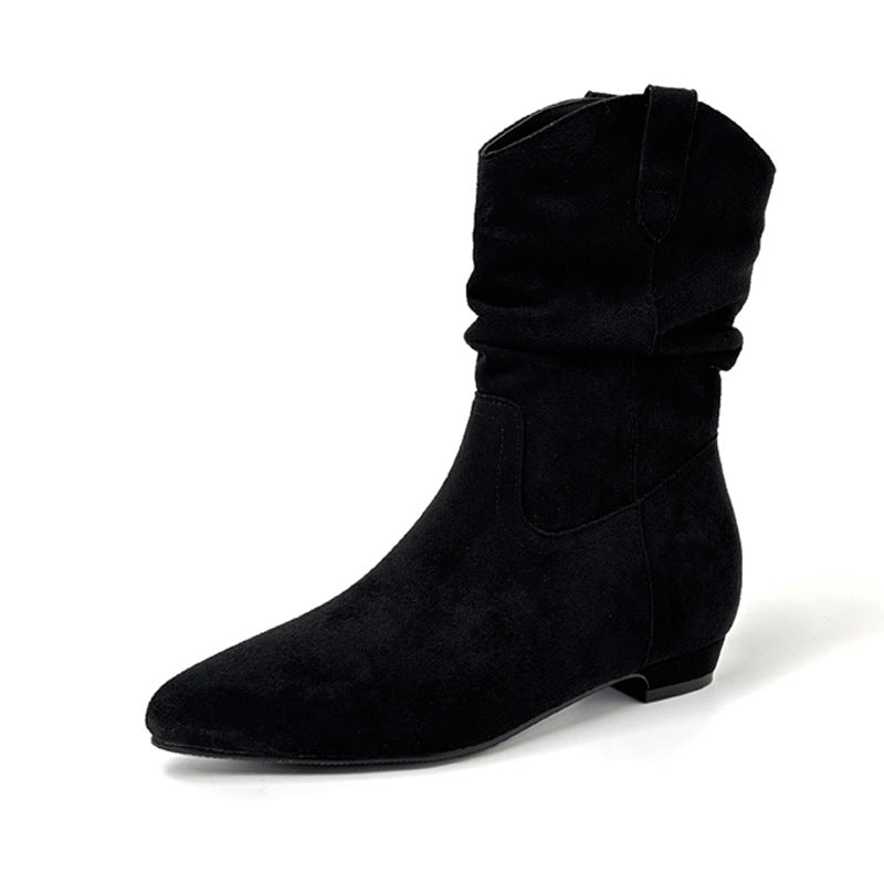 Women's Pleated Chunky V Cut With Height Of Pointed Ankle Pile Women's Leather Boots