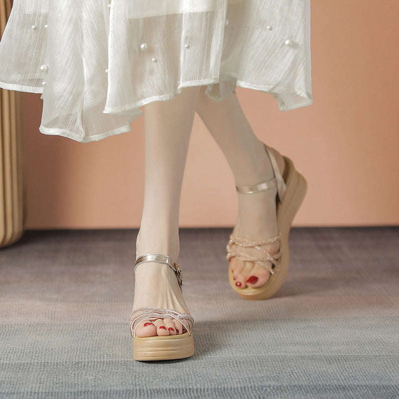 Women's Thin Strap Rhinestone Wedge Korean Platform Sandals