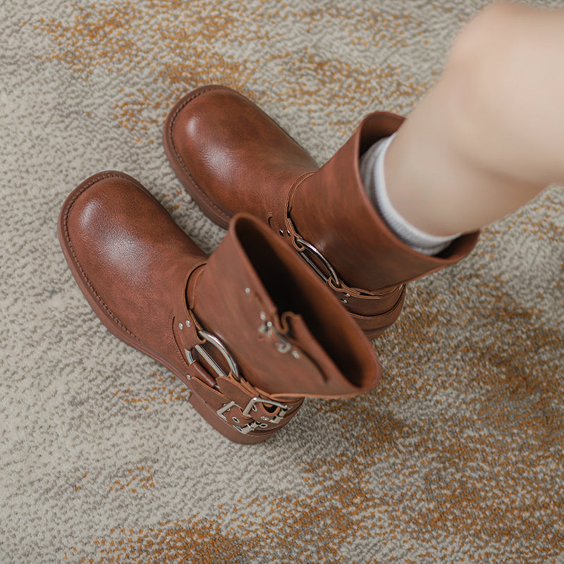 Chunky High Square Head Sleeve Locomotive Knight Height Increasing Women's Leather Boots