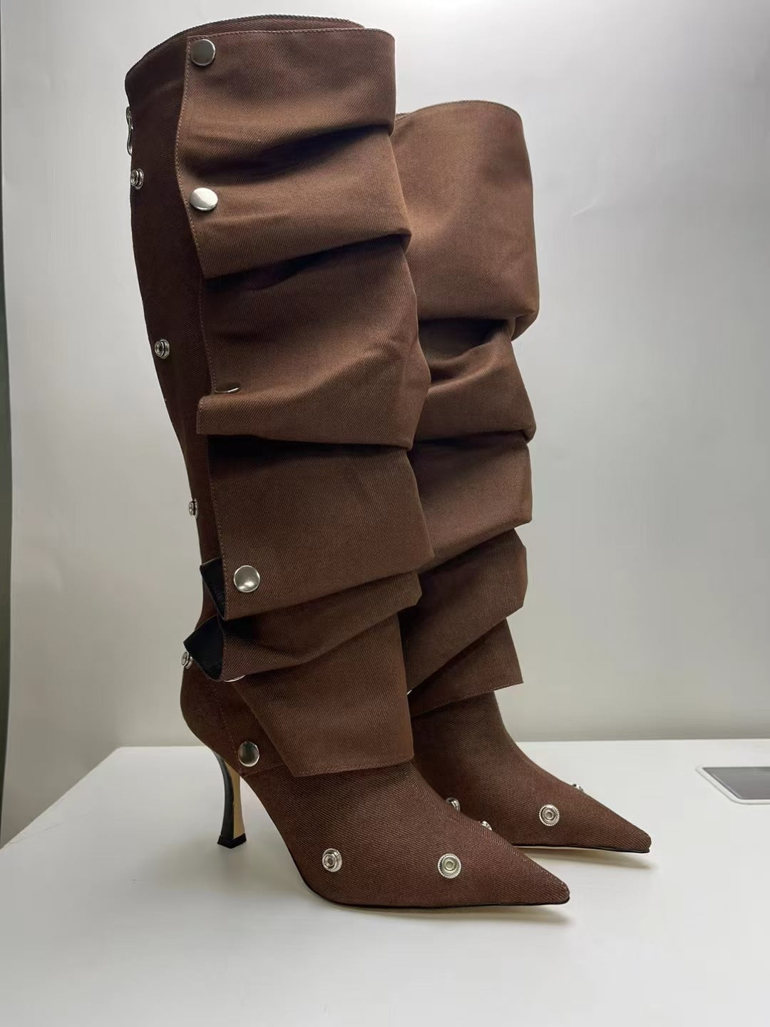 Women's High Metal Rivet Denim Stitching Two-way Pile Style Knee-length Large Women's Leather Boots