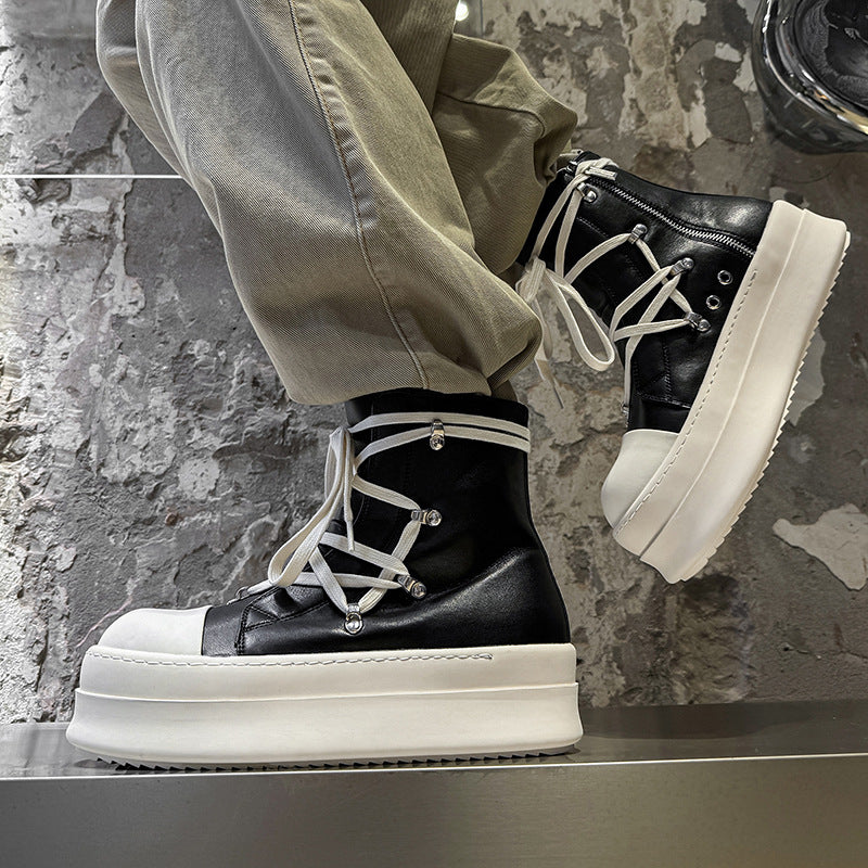 Men's Black White Personalized Thick Bottom Thickened Hight Increasing Boots