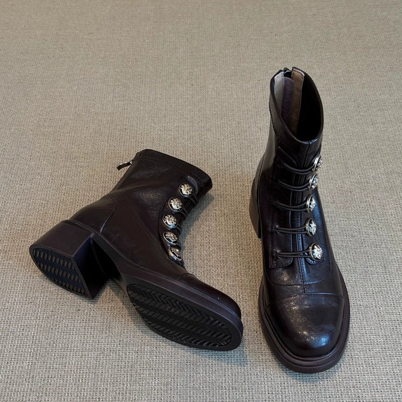 Women's Style Chunky Badge Small Golden Button Booties Versatile Boots