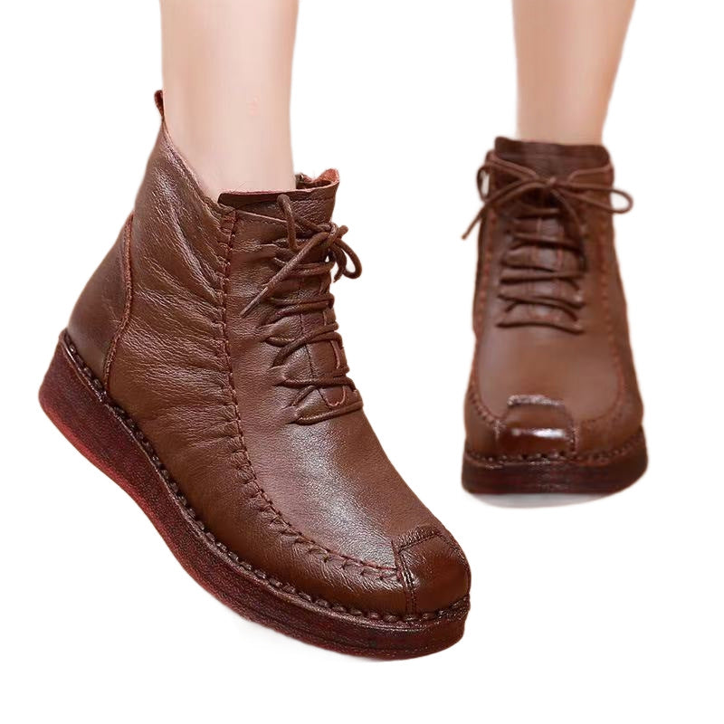 Women's Real With Fleece Lining Mother's Soft Bottom Tendon Flat Cotton Women's Leather Boots