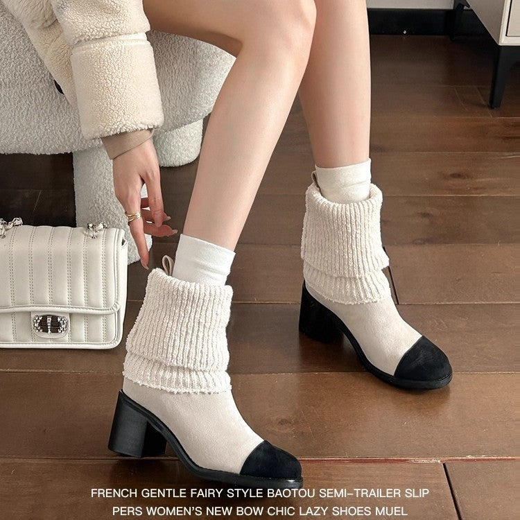 Classic Style Stretch Sock High Chunky Knitted Wool Fashion Women's Leather Boots
