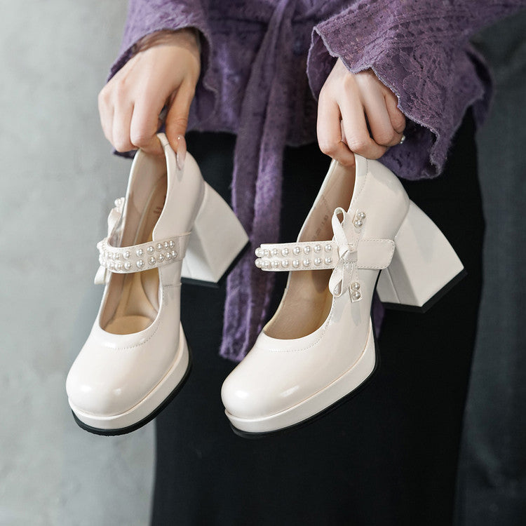 Women's Spring Pearl Strap Mary Jane High Pumps Waterproof Platform Round Women's Fashion Shoes