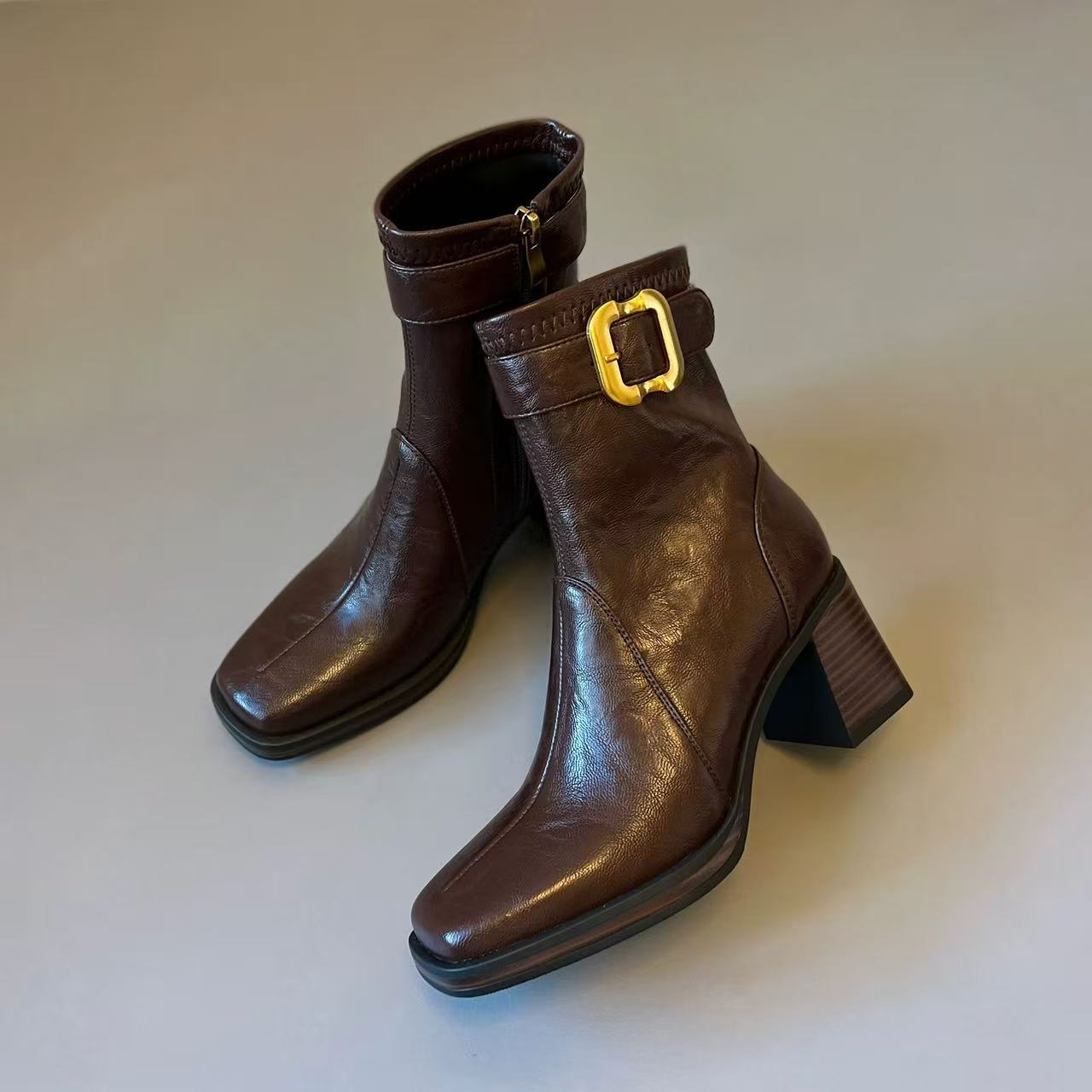 Women's Square Toe High Short Retro Chunky Women's Leather Boots