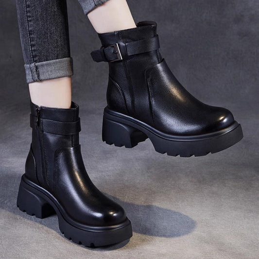 Women's Elevator Platform Chelsea Fleece-lined British Style Women's Leather Boots