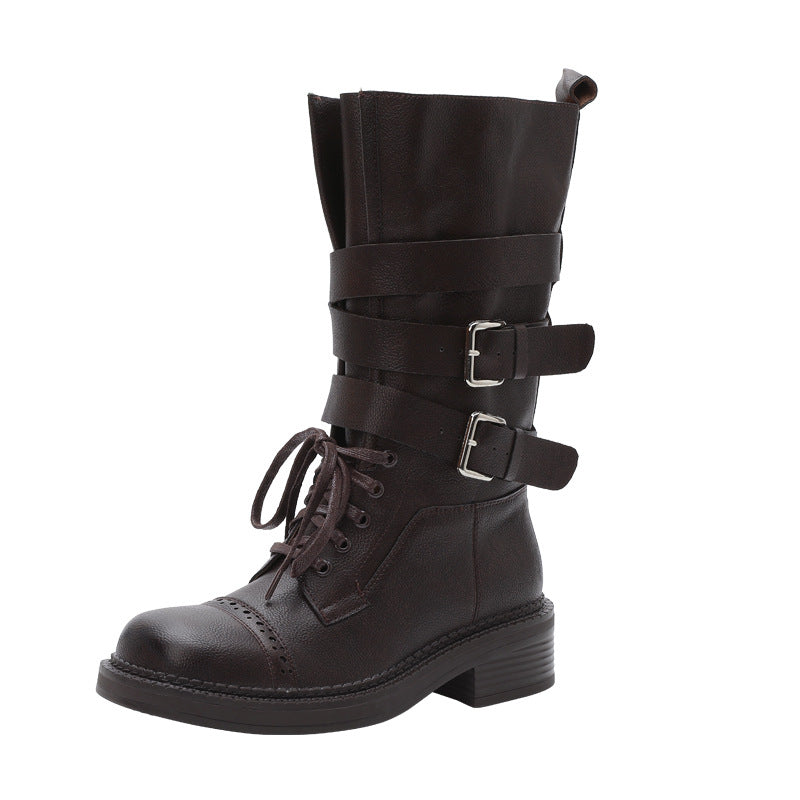 Women's Thick Bottom Chunky Brushed Martin British Style Belt Women's Leather Boots