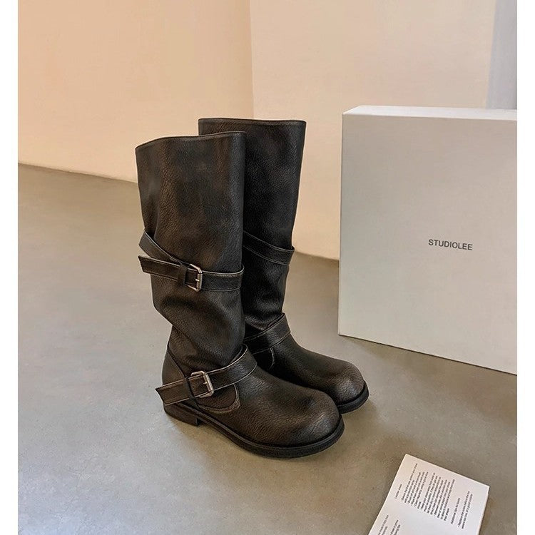 Large Round Toe Pants Chunky Platform Genuine Long Knight Female Women's Leather Boots
