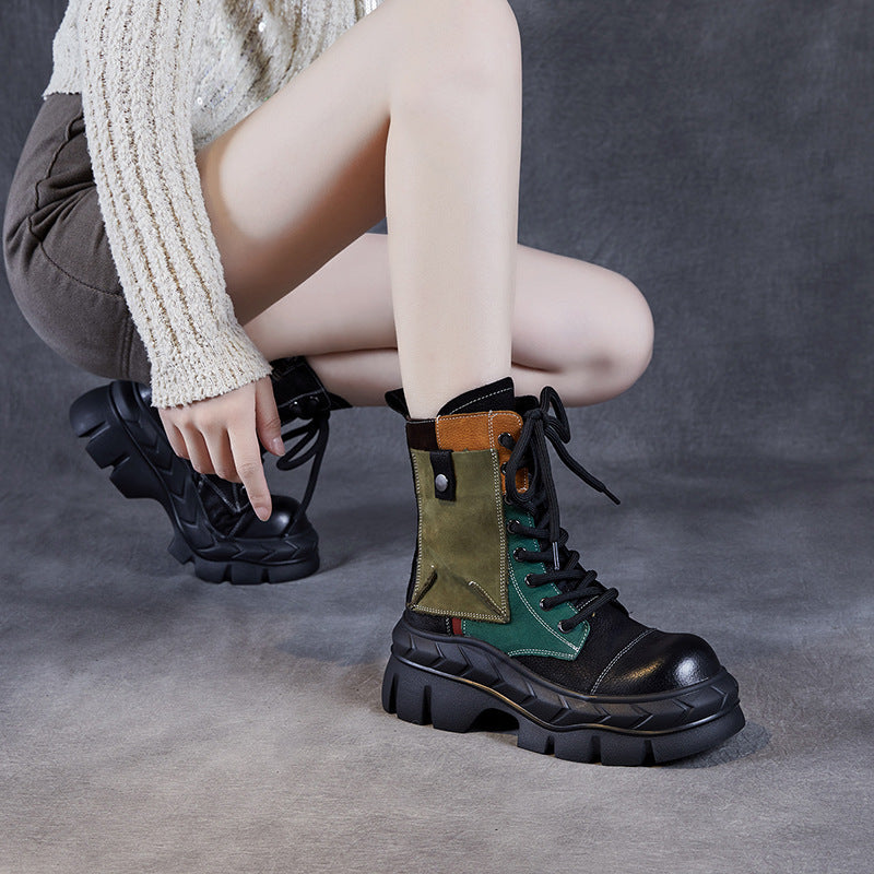 Women's Color Matching Thick Bottom First Layer Cowhide Women's Leather Boots