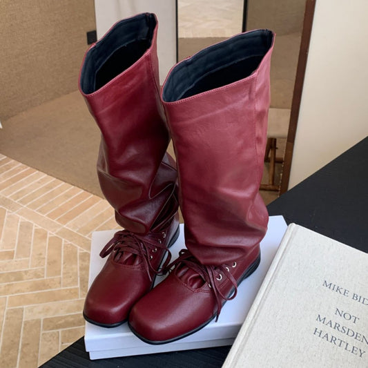 Distressed Wrinkled Autumn Korean Style Comfortable Women's Leather Boots