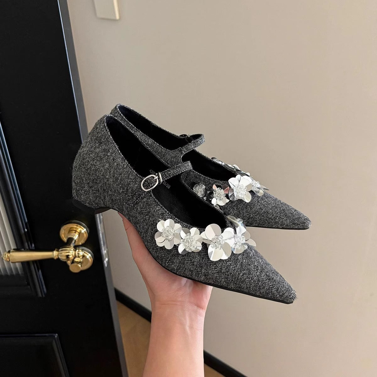Women's Thick Bottom Flower Sequins With Mary Jane Temperament Height Increasing Women's Fashion Shoes