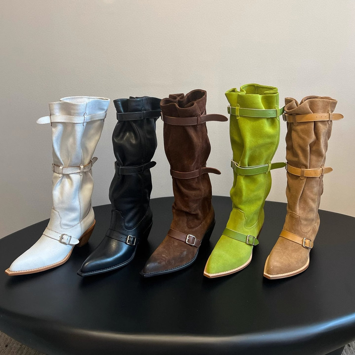 Pointed Toe Large Tube Circumference Pile Style Retro Western Cowboy Women's Leather Boots
