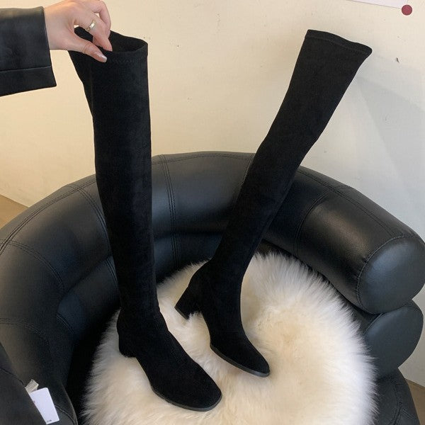 Women's Owner Square Toe Chunky Skinny Leg High Boots