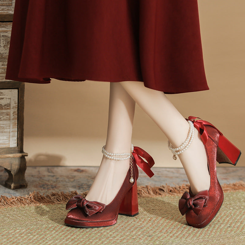 Women's Spring Red Mary Jane High Chunky Chinese Style Bridal Women's Fashion Shoes