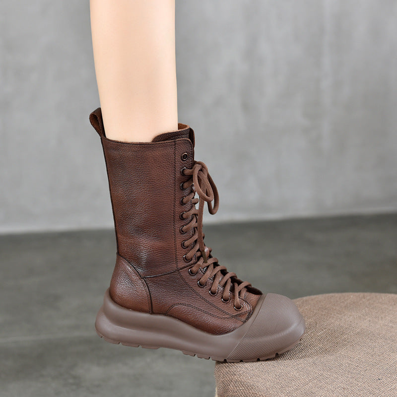 Retro Genuine Middle Tube Side Zipper Female Martin Thick Bottom Women's Leather Boots