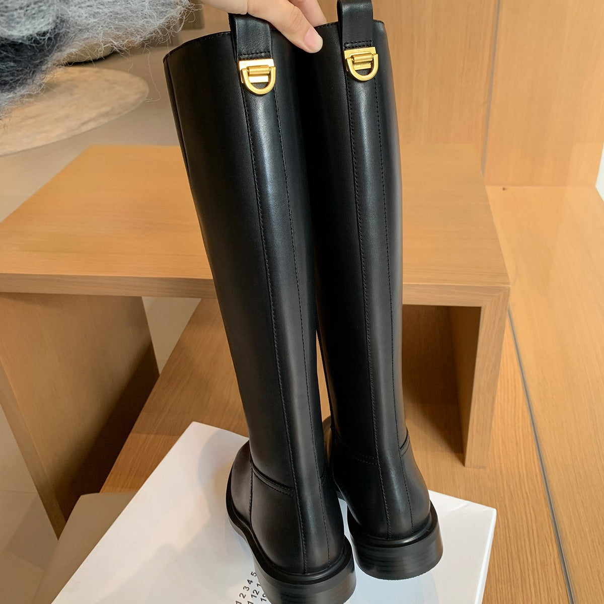 Women's Grape Mom Korean Style Round Head Gold Buckle Chunky Side Women's Leather Boots