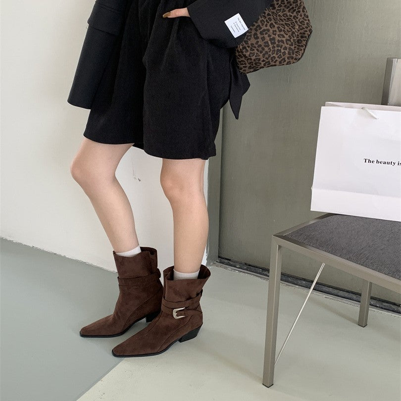 Women's French Style Square Toe Booties Chunky Ankle Vintage Crumpled Boots