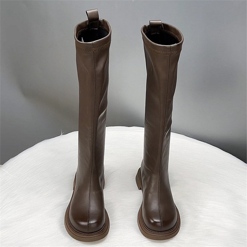 Genuine Below The Knee Long Female Slimming Flat Tall Knight Women's Leather Boots