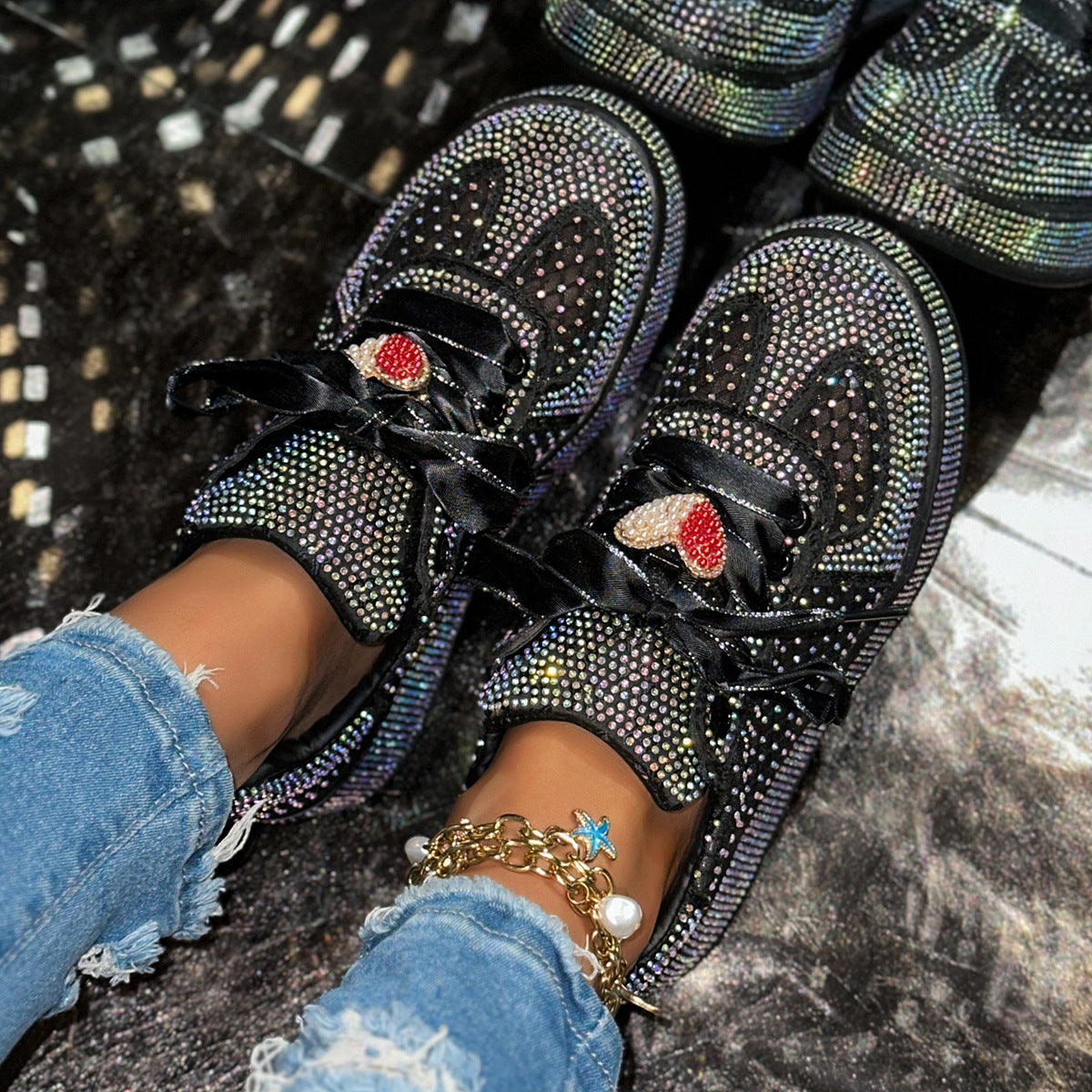 Women's Rhinestone Fashion Lace Up Platform Board Women's Sports Shoes