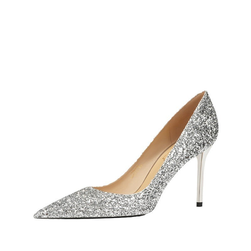 Women's French Sheepskin Light Gold Wedding Bridesmaid Pointed Stiletto Heels