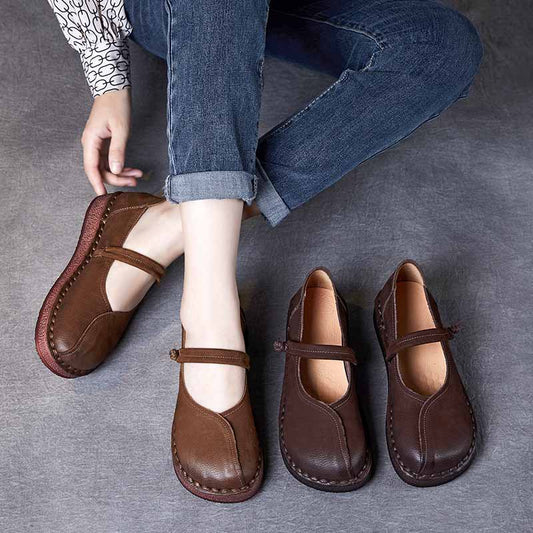 Women's Ethnic Style Top Layer Cowhide Handmade Shallow Mouth Soft Soled Casual Shoes