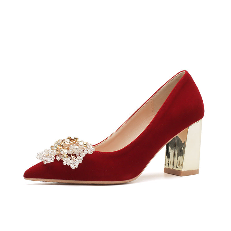 Chunky Pointed Toe Suede Red Wedding Bride Bridesmaid Women's Shoes