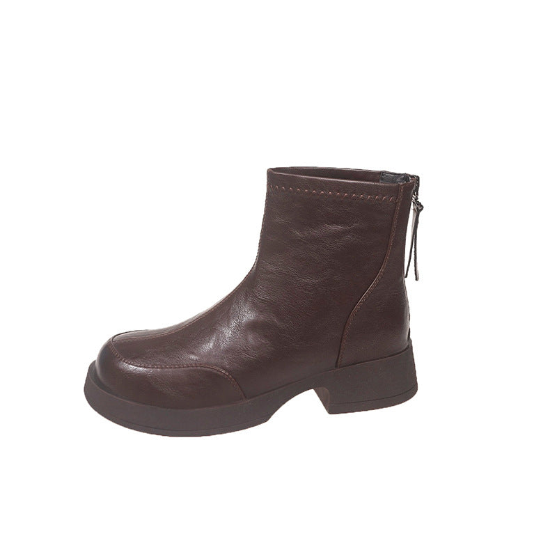 Women's Round Head Chunky Thin Short Back Zipper Increased Tube Women's Leather Boots