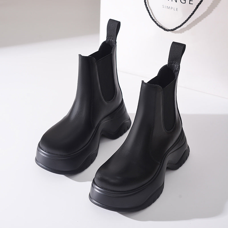 Women's To Wear Thick Bottom Chunky Smoke Pipe Short Women's Leather Boots