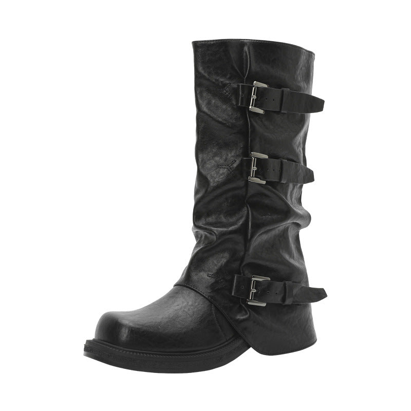 Elevated Thick-soled Belt Buckle Pantyhose Middle Chunky Women's Leather Boots