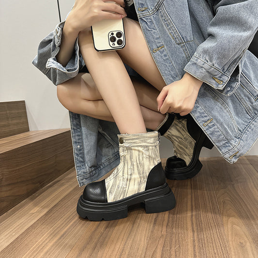 Women's Martin Distressed Denim Motorcycle Flat Bottom Super Hot Women's Leather Boots