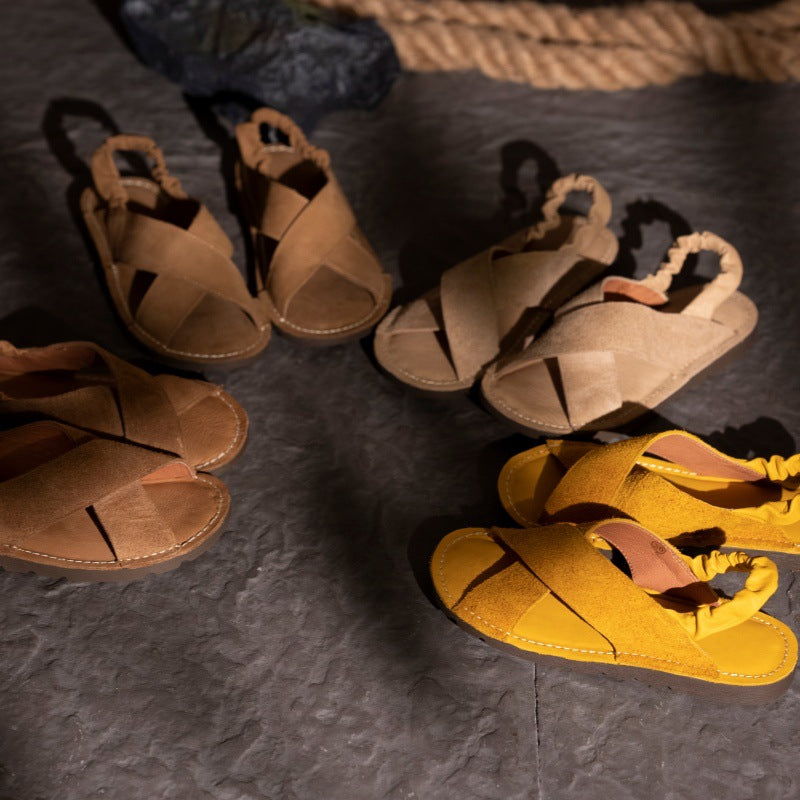Women's Summer Retro Handmade Cross Strap Top Layer Cowhide Roman Sandals